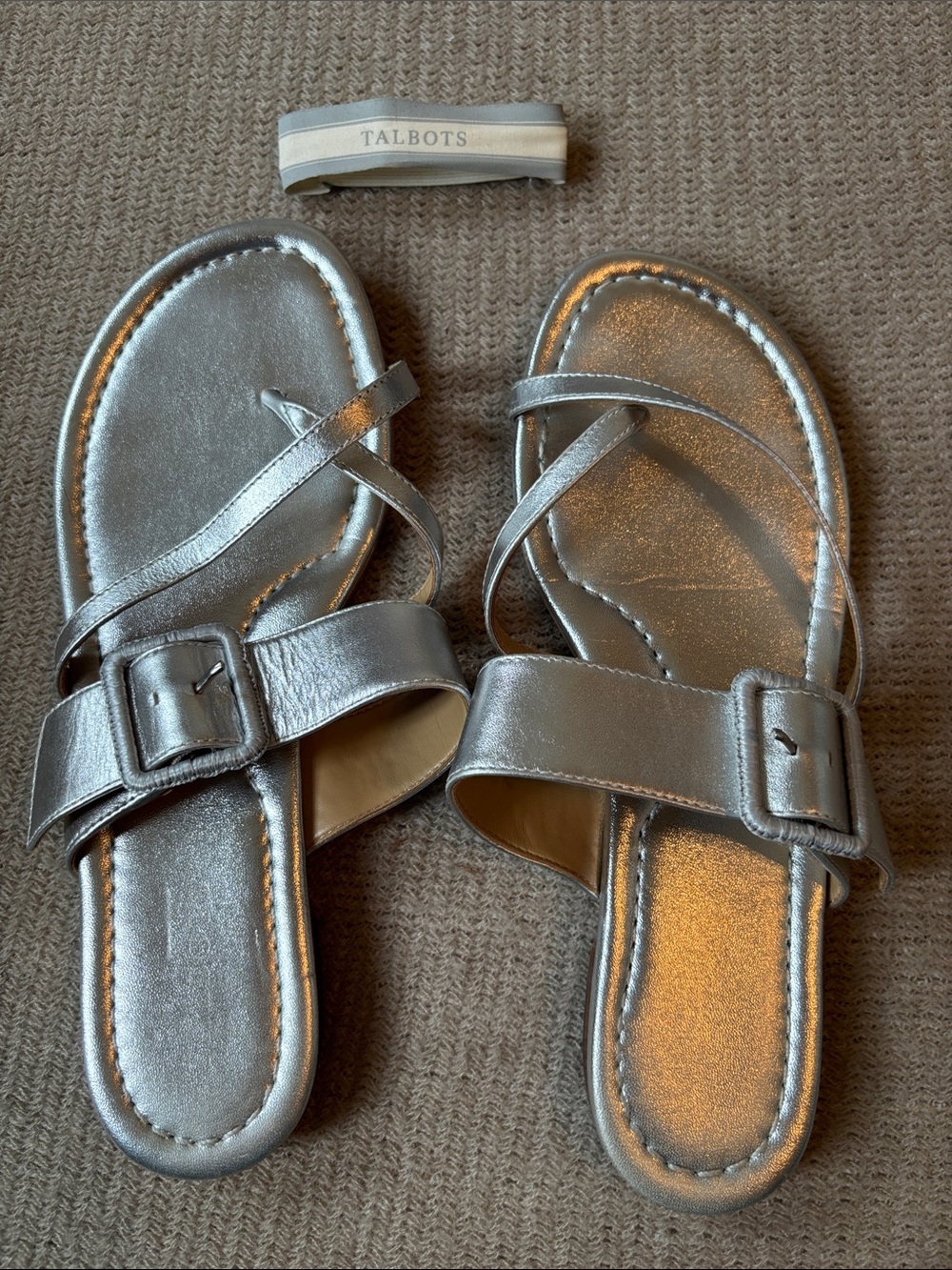 Talbots Metallic Silver Buckle Strappy Slide Sandals